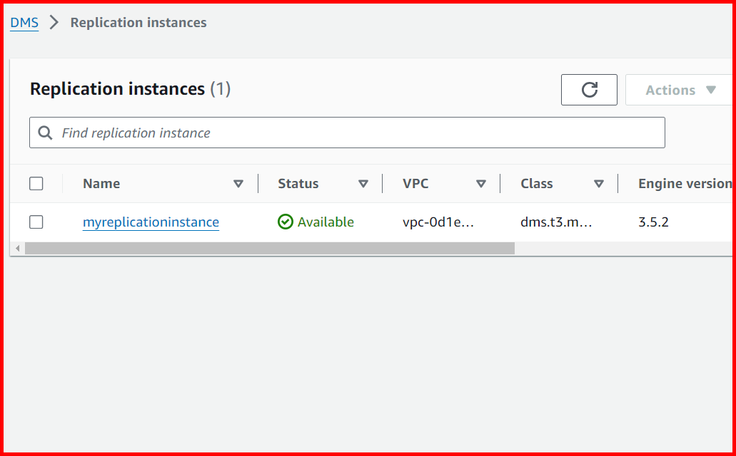 Picture showing the replication instance created with Available status